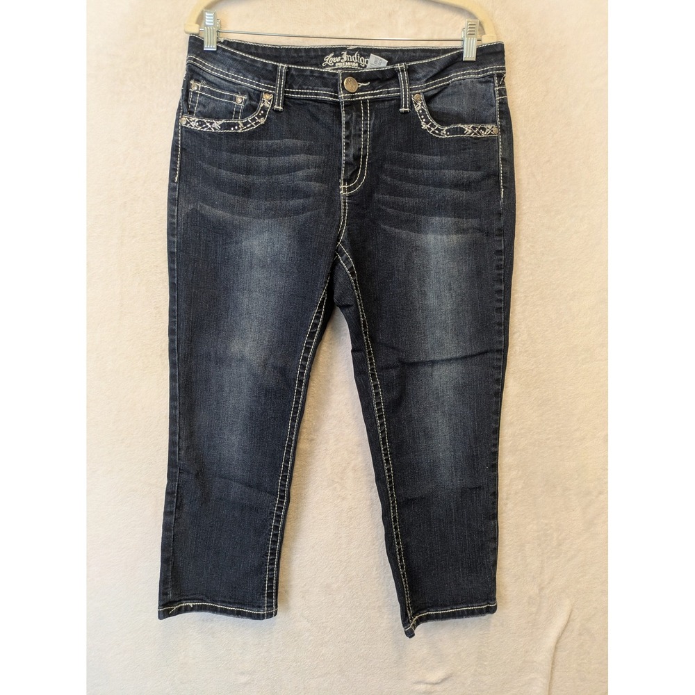Love Indigo Capri Jeans Women's 12 Blue Rhinestone Embellished Dark Wash Cropped